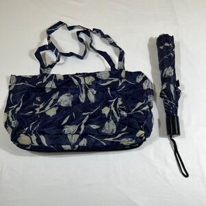 Foldable Travel Umbrella Navy Blue Floral with Matching Zippered Tote Bag Case